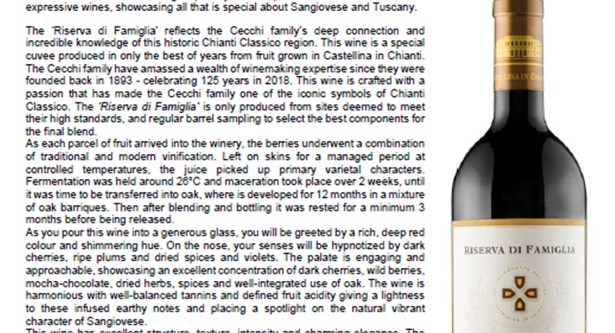 Cecchi ‘Riserva di Famiglia’ Chianti Classico D.O.C.G. 2015 | Famiglia ...