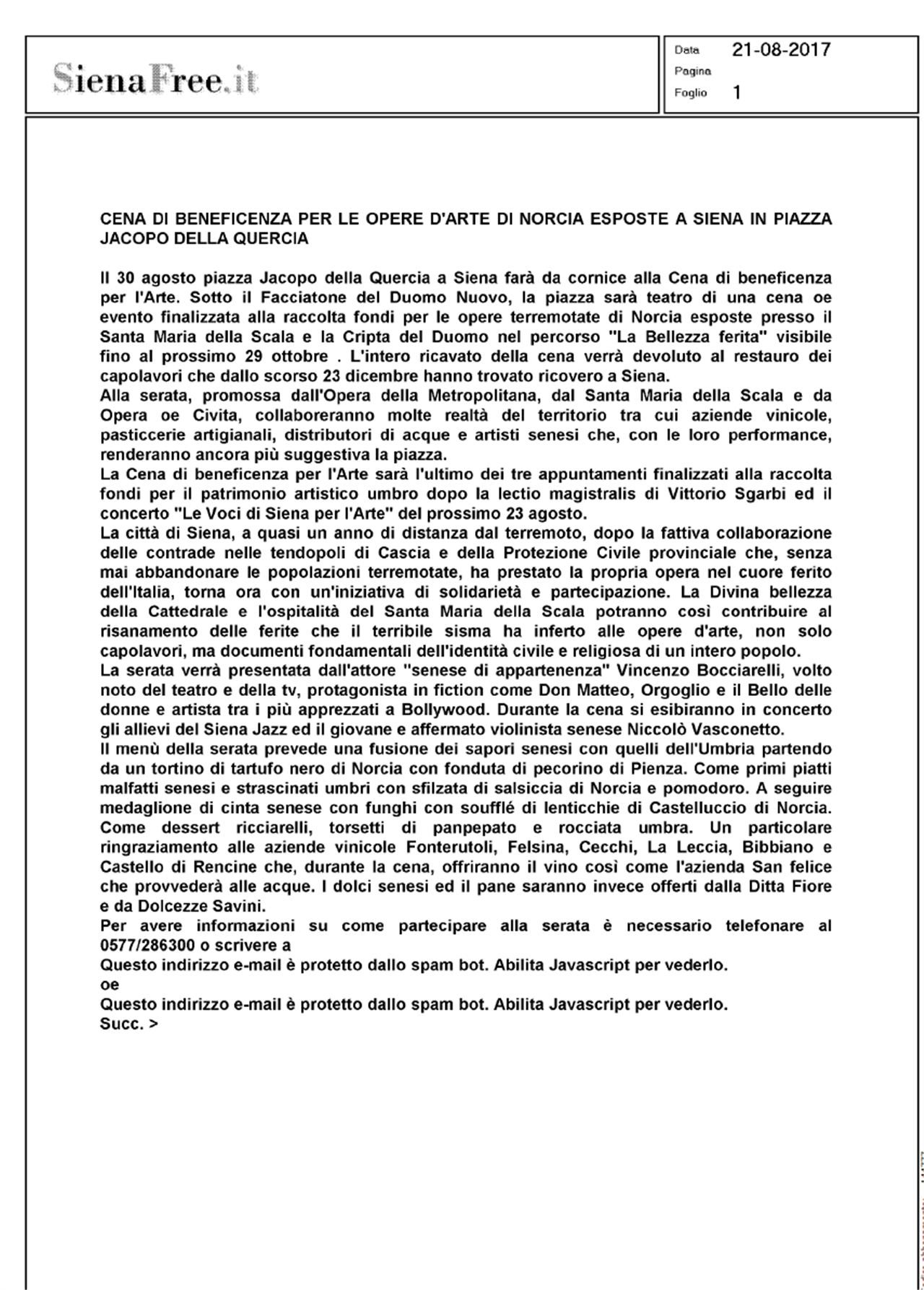 Cena Di Beneficenza Per Le Opere D Arte Di Norcia Esposte A Siena In Piazza Jacopo Della Quercia Famiglia Cecchi